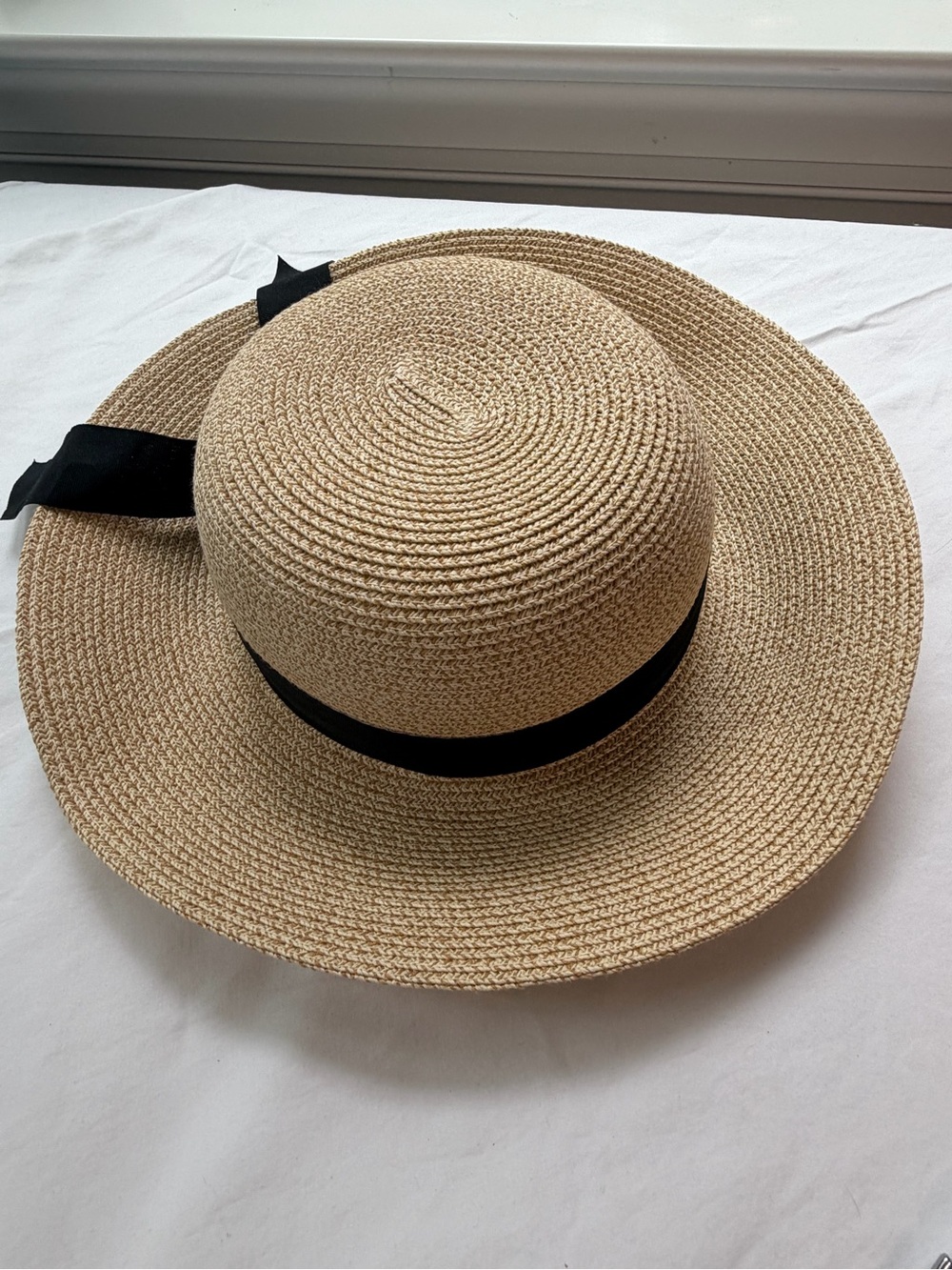 Womens Furtalk neutral Wide-Brim Straw Hat with Black Ribbon - size  M/L